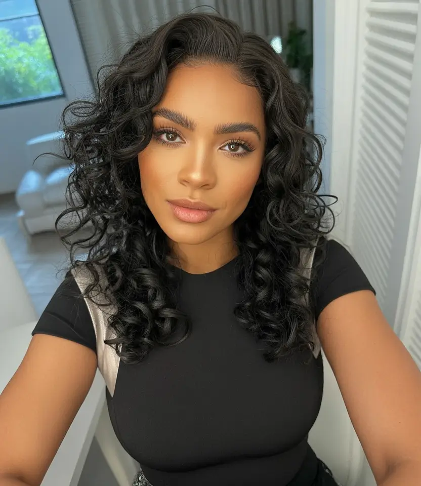 cores de cabelo fofas de inverno mulheres negras cachos definidos preto meia-noite