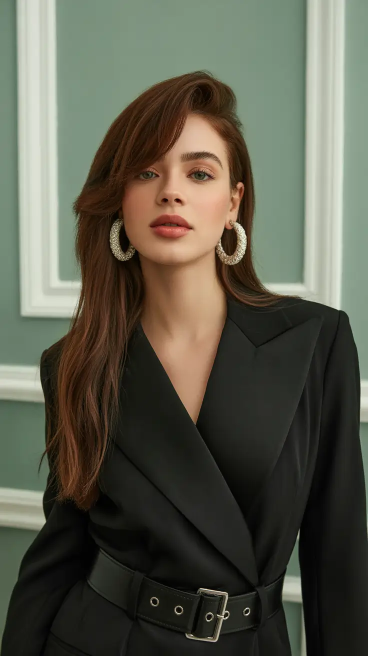 Destaques de cor de cabelo inverno 2025-2026 Morena castanha com varredura lateral