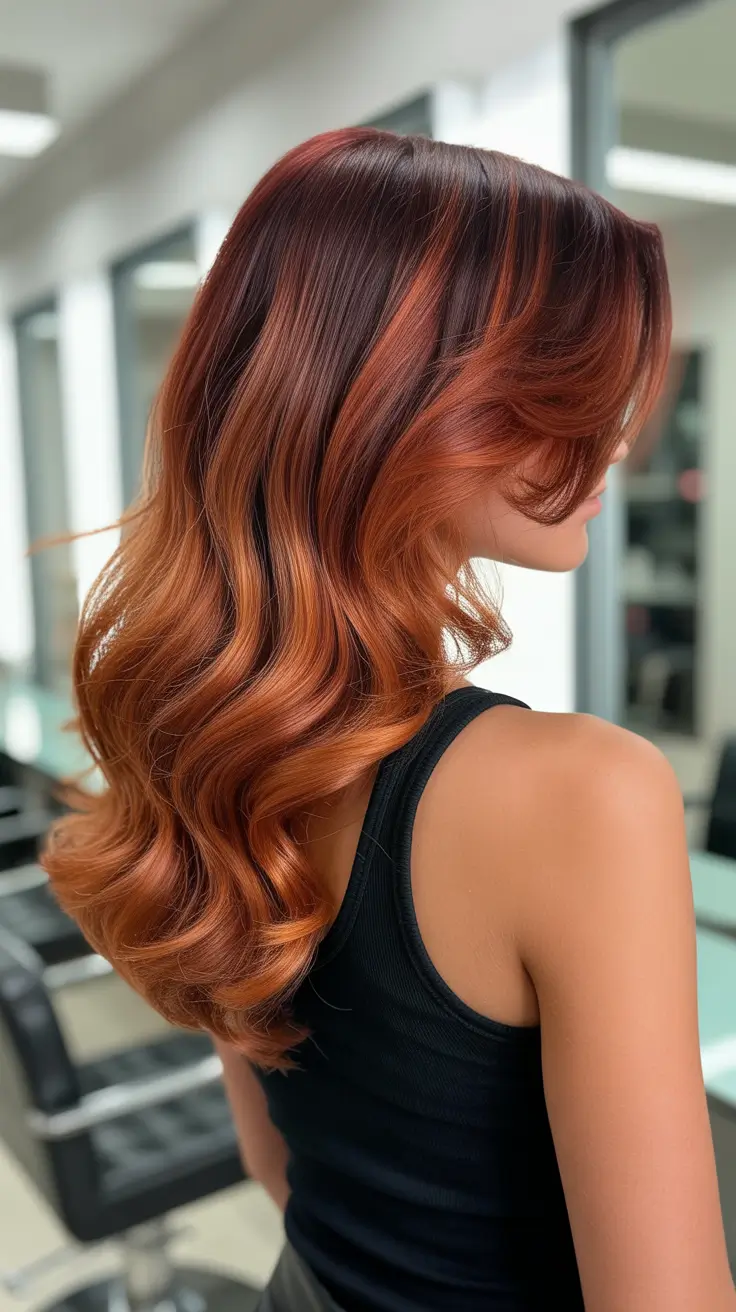 idéias-de-cor de cabelo-para-morenas-para-inverno-vermelho-escuro-auburn-destaques-Auburn-Balayage-Drama