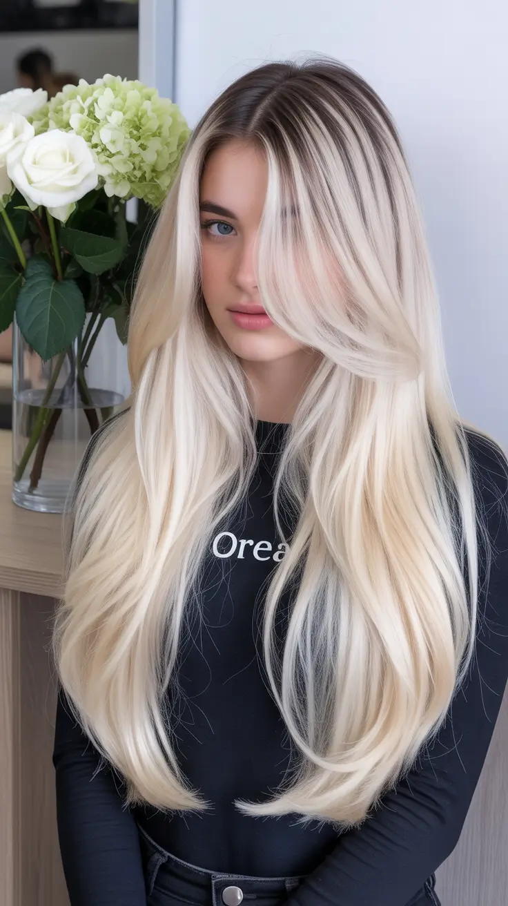 Tendências de cores de cabelo inverno 2025-2026 Comprimento Ice Platinum com raízes escuras