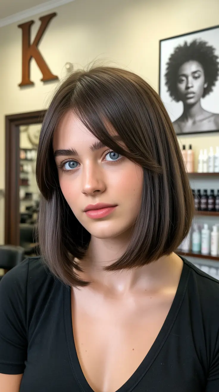 Tendências de cores de cabelo inverno 2025-2026 Espresso Bob brilhante com franja de cortina