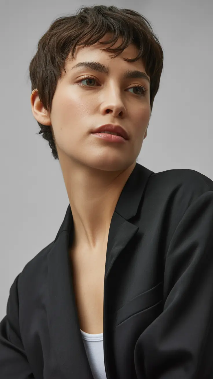 cor de cabelo suave de inverno Earthy Cocoa Pixie Crop