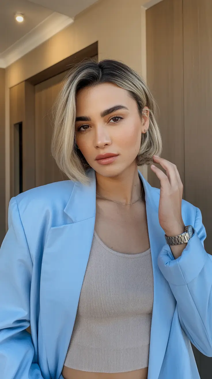 paleta de cores suaves de inverno cabelo Cool Blonde Bob com raízes escuras