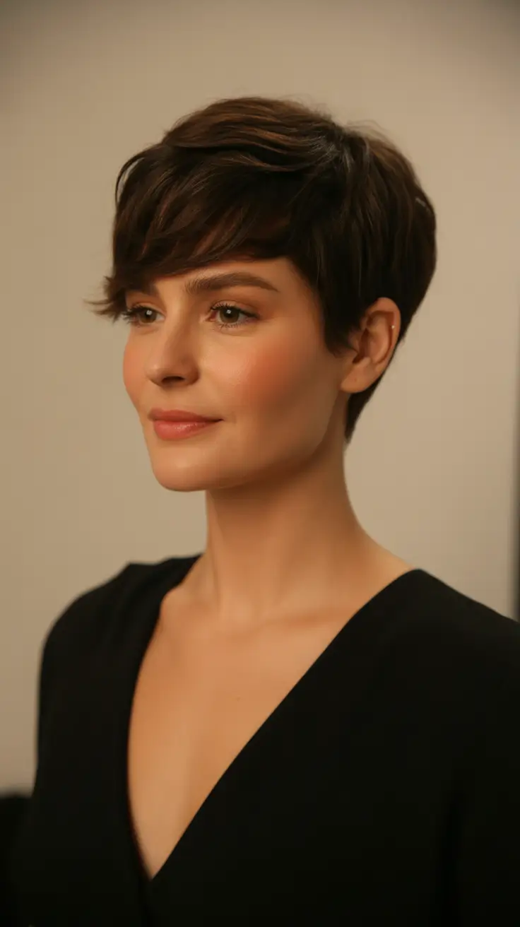 cor de cabelo suave de inverno Deep Cocoa Pixie com franja lateral