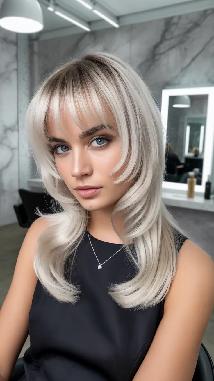ideias de cores de cabelo suaves para o inverno Camadas de penas platinadas com franja