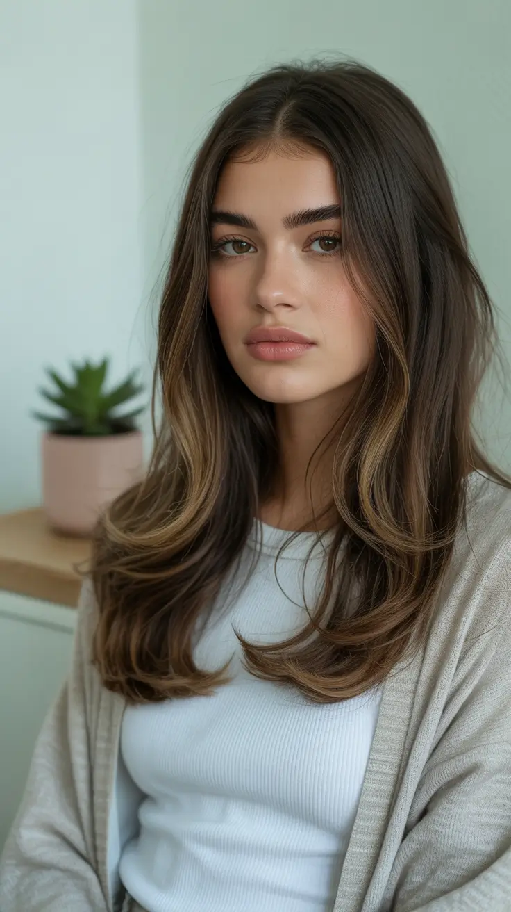 cor de cabelo suave e profundo de inverno Cool Espresso With Subtle Highlights