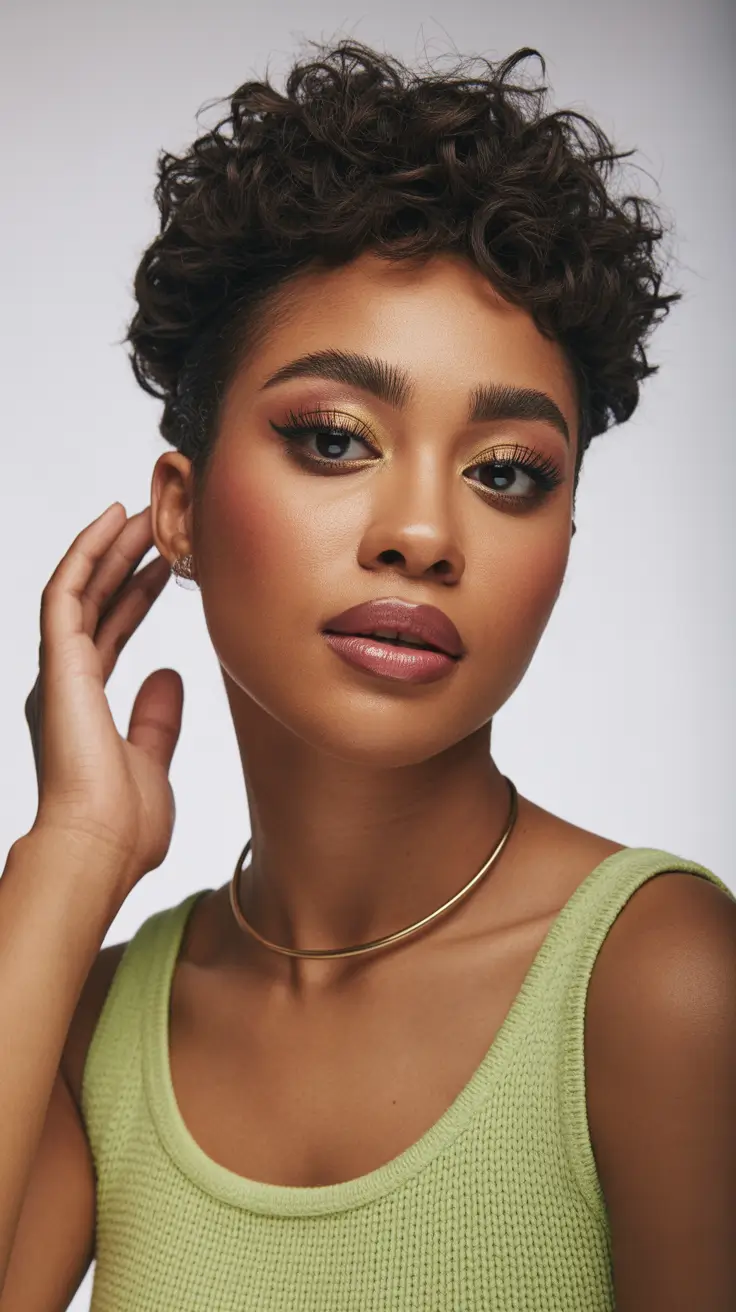 cor de cabelo para tom de pele escuro de inverno Curly Pixie com Espresso Depth
