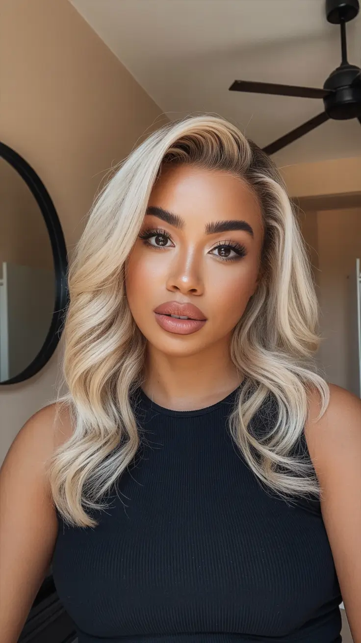 Cabelo em tom de pele escuro de inverno, cor de cabelo Platinum Waves com acabamento brilhante