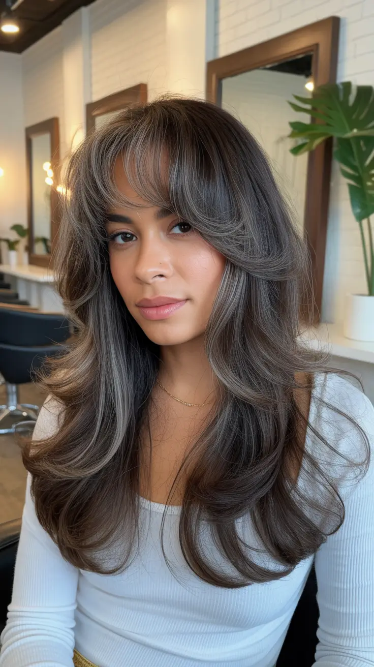 idéias de cores de cabelo de inverno, pele escura, marrom cinza esfumaçado com franjas de cortina