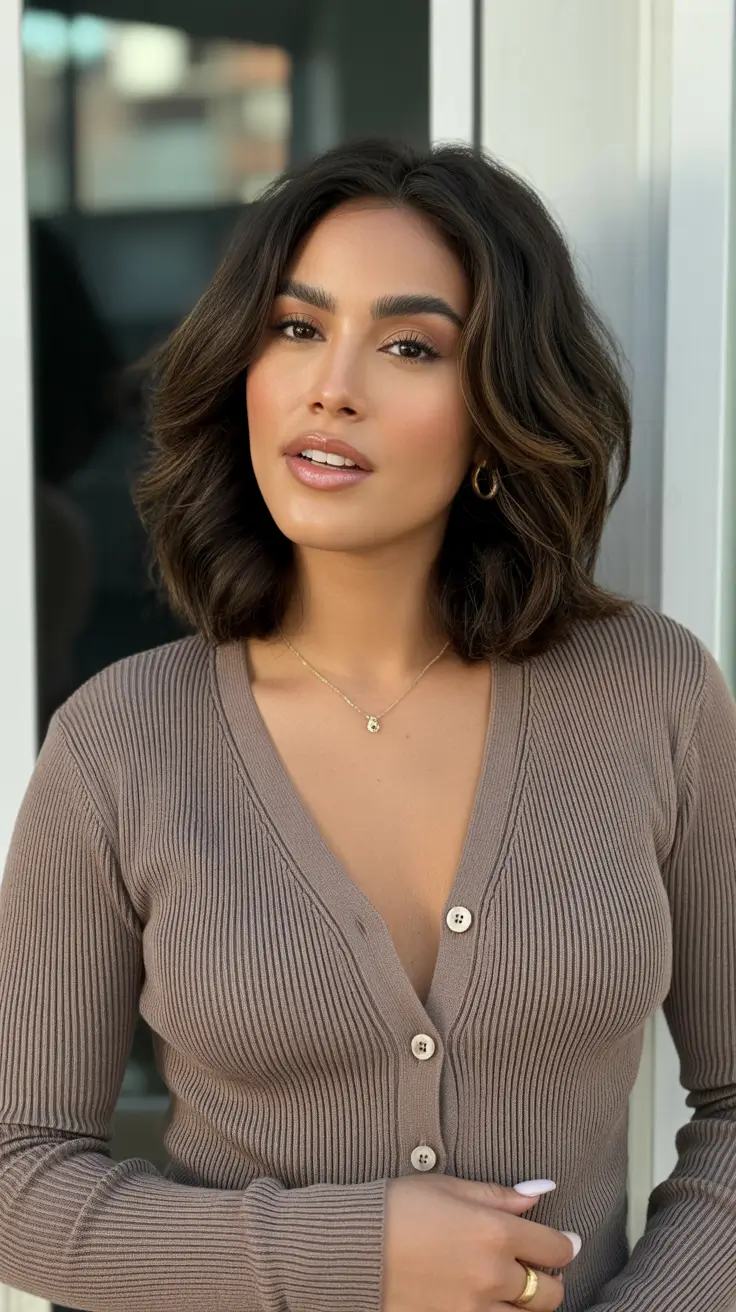 idéias de cores de cabelo de inverno para pele escura Texturizado Chestnut Bob