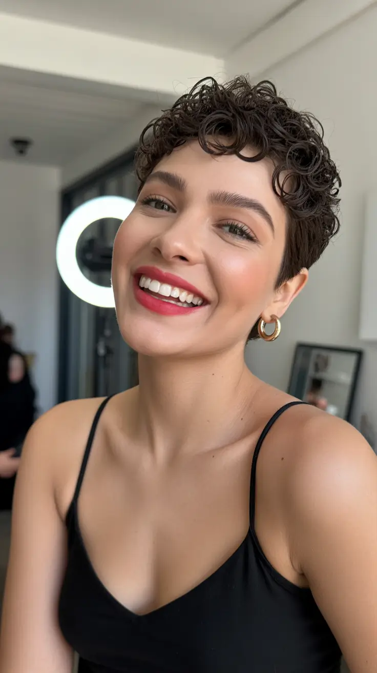 corte de cabelo pixie no inverno Chocolate Curls Pixie