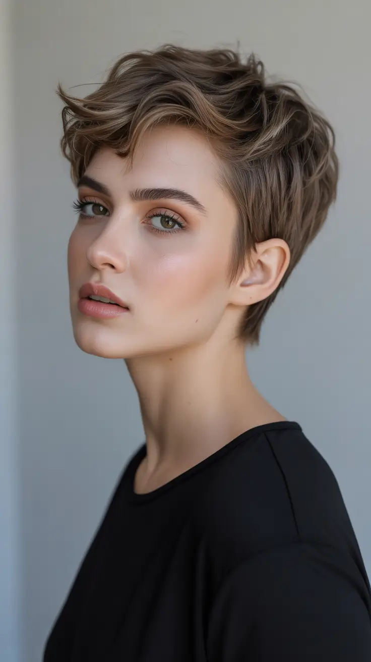 cortes de cabelo pixie de inverno 2025-2026 Soft Tousled Bronze Pixie