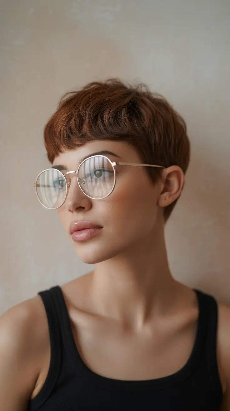 corte de cabelo pixie com chapéu de inverno Canela Pixie com franja redonda