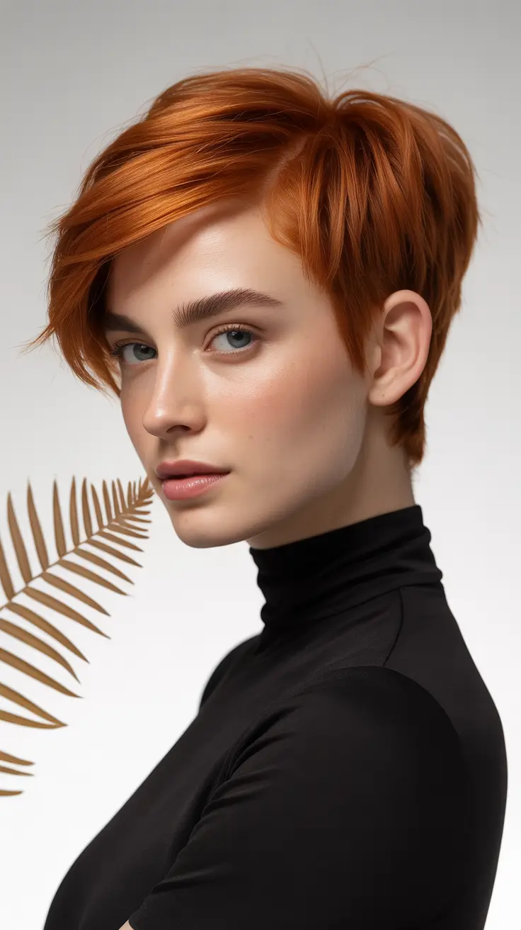 cortes de cabelo pixie de inverno 2025-2026 Fiery Copper Pixie Glow