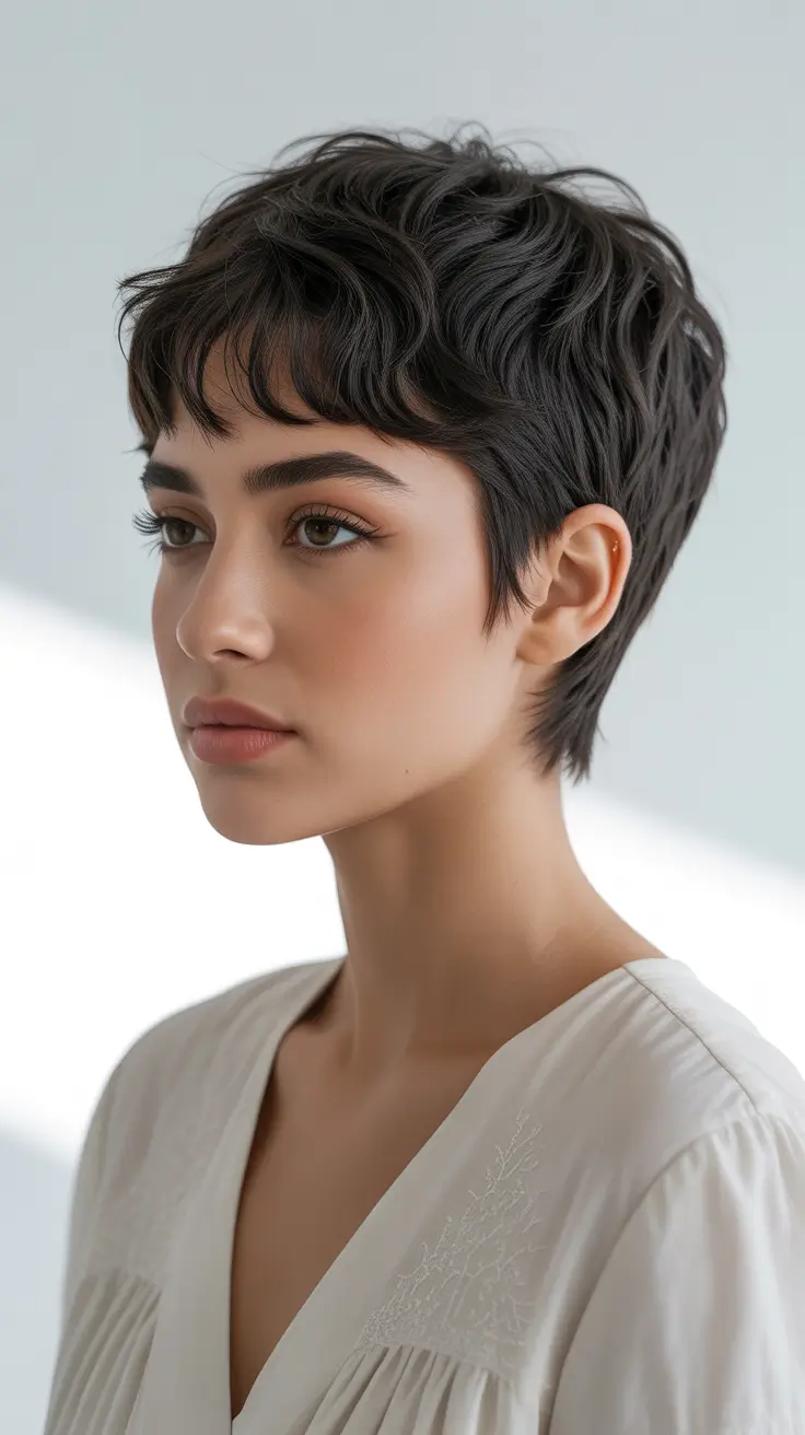 corte de cabelo pixie de inverno 2026 Espresso Pixie texturizado com micro franjas