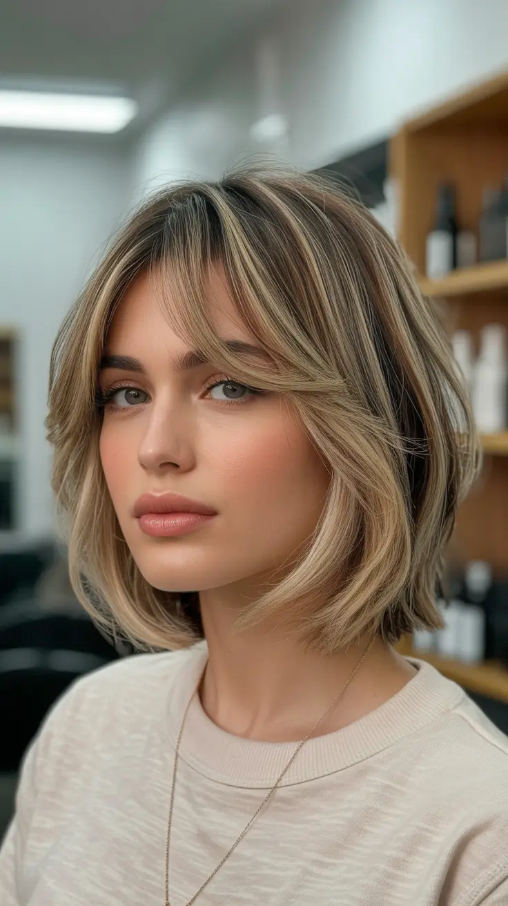 cortes de cabelo curtos de inverno 2025 - 2026 Layered Honey Bob com cortina franja