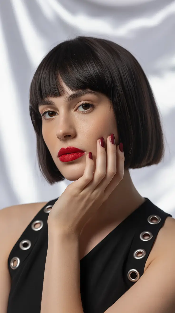 cortes de cabelo curtos de inverno 2025 - 2026 Midnight Blunt Bob com franja