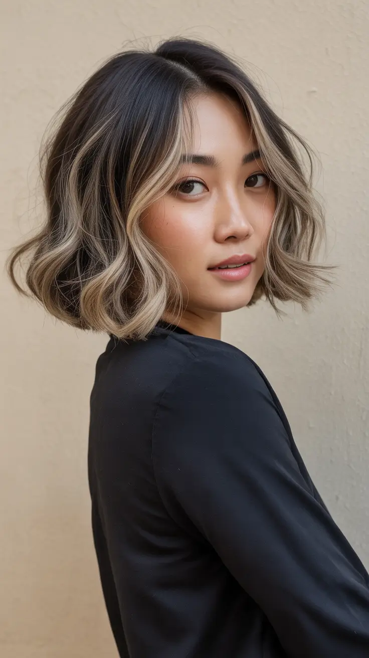 cor de cabelo de inverno balayage ombre Bob texturizado com balayage em tons de cinza