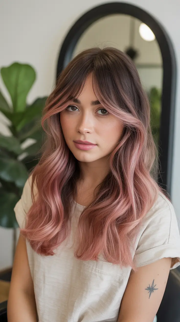 cor de cabelo de inverno para morenas balayage caramelo com reflexos Rosewood Balayage com franjas suaves