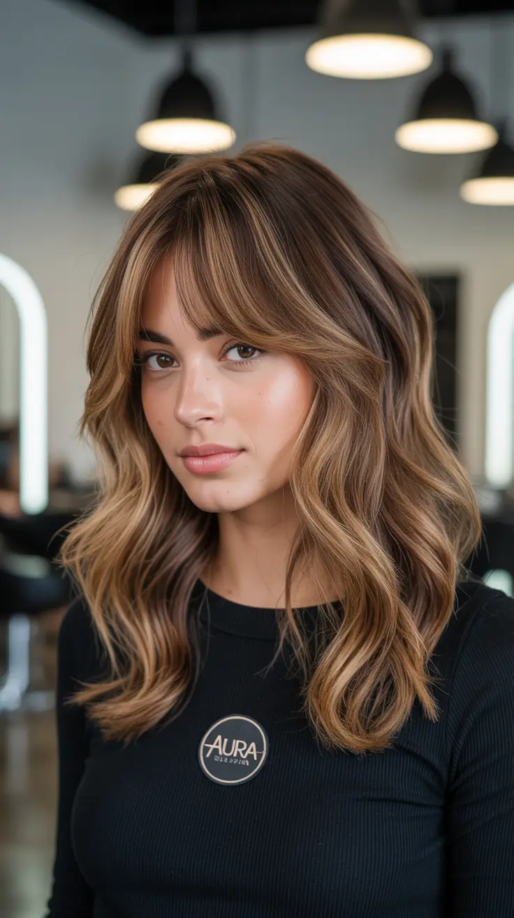 balayage de cor de cabelo morena de inverno Balayage morena quente com camadas