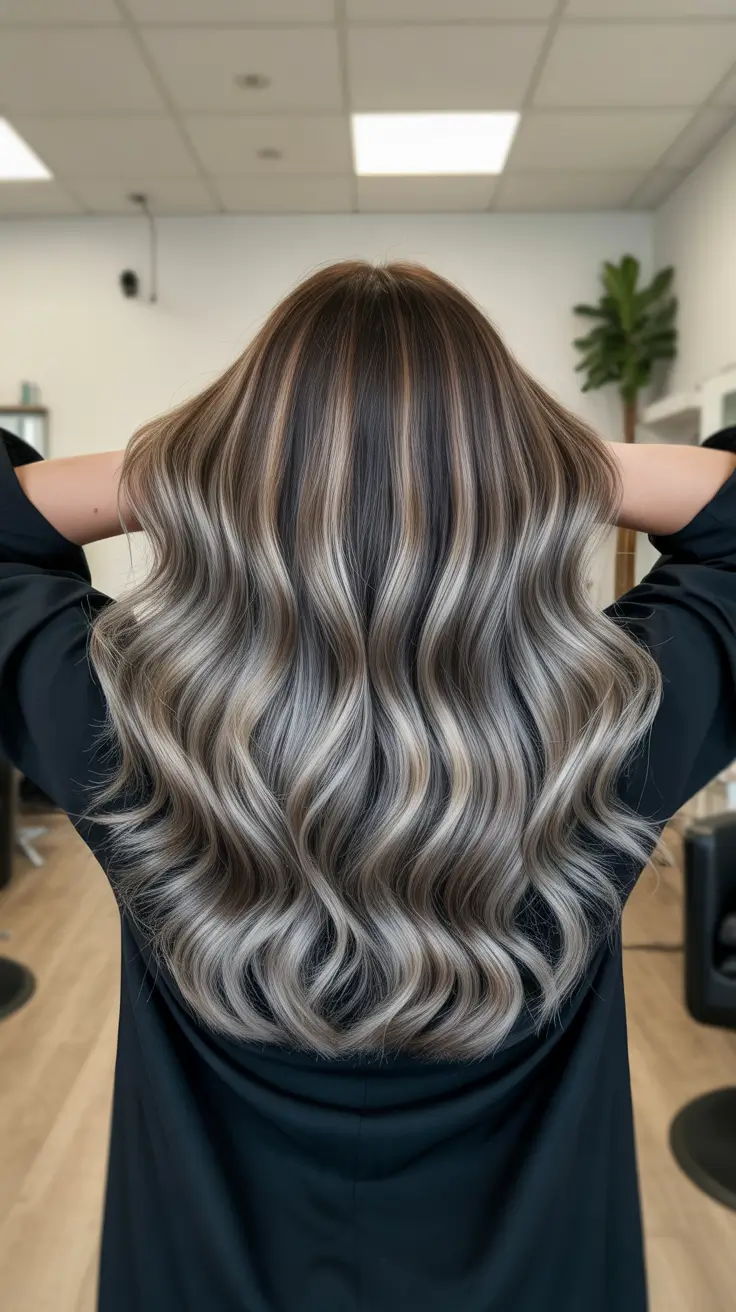 balayage de cor de cabelo longo de inverno Balayage em tom prateado com profundidade escura