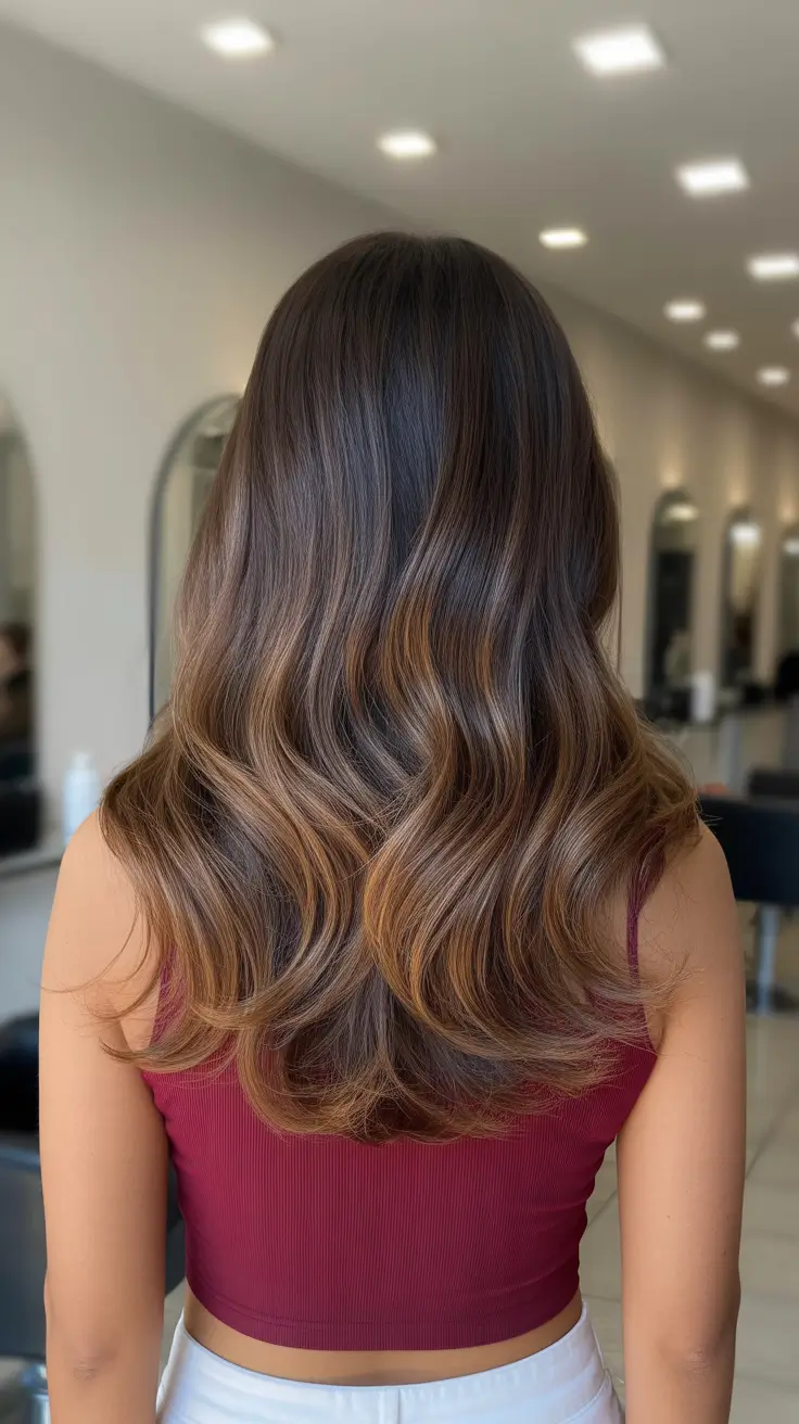 outono marrom escuro 2026 longo Morena brilhante com Golden Sunkissed Balayage