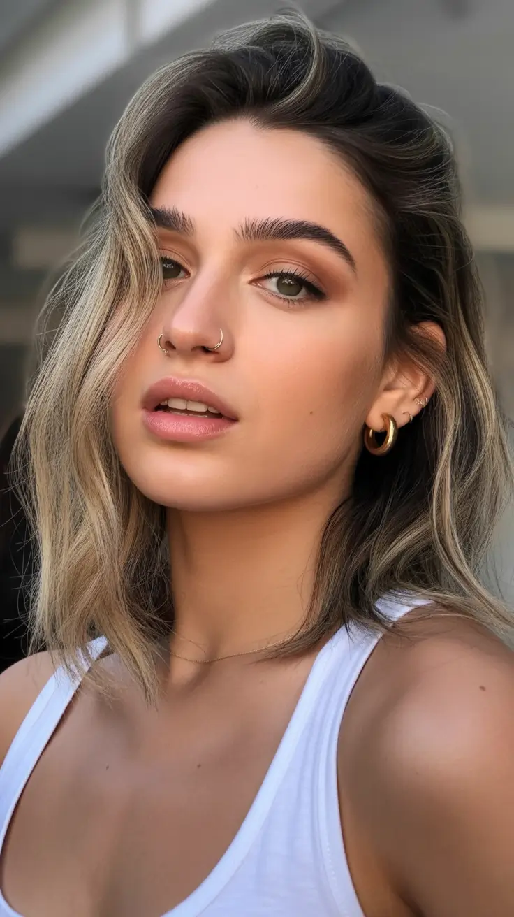 cor de cabelo de inverno balayage ombre Lob texturizado com Ashy Balayage