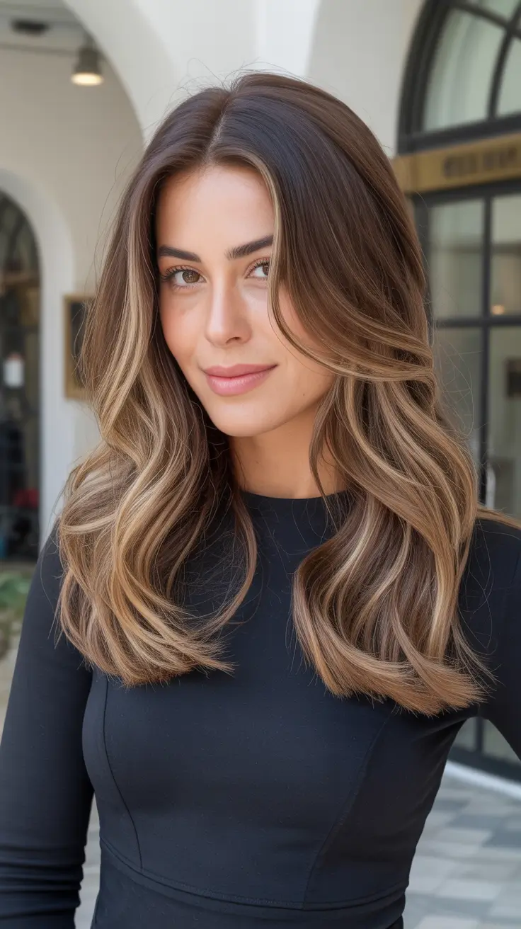 ideias de cores de cabelo para morena balayage outono inverno Caramelo Castanho Balayage com ondas de comprimento médio