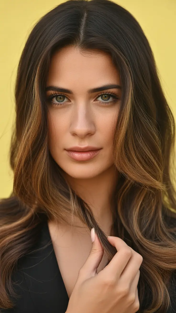 morena de inverno cor de cabelo balayage caramelo Morena brilhante com dimensão caramelo