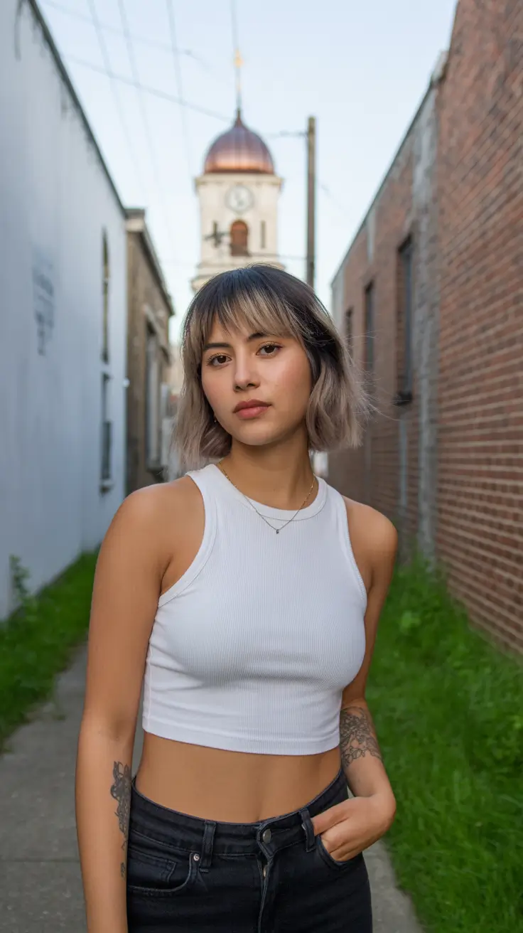 cor de cabelo de inverno para morenas balayage Short Ash Balayage com franja