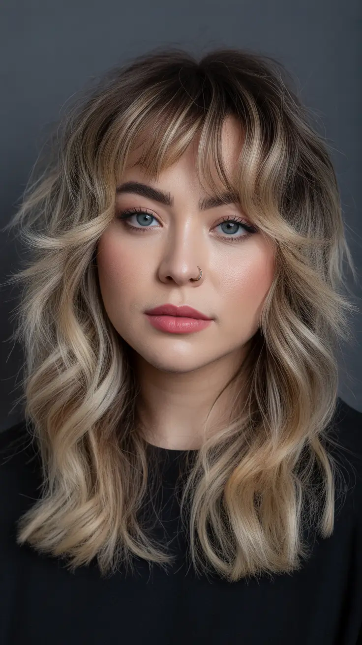 cor de cabelo de inverno balayage loiro desgrenhado loiro com franja