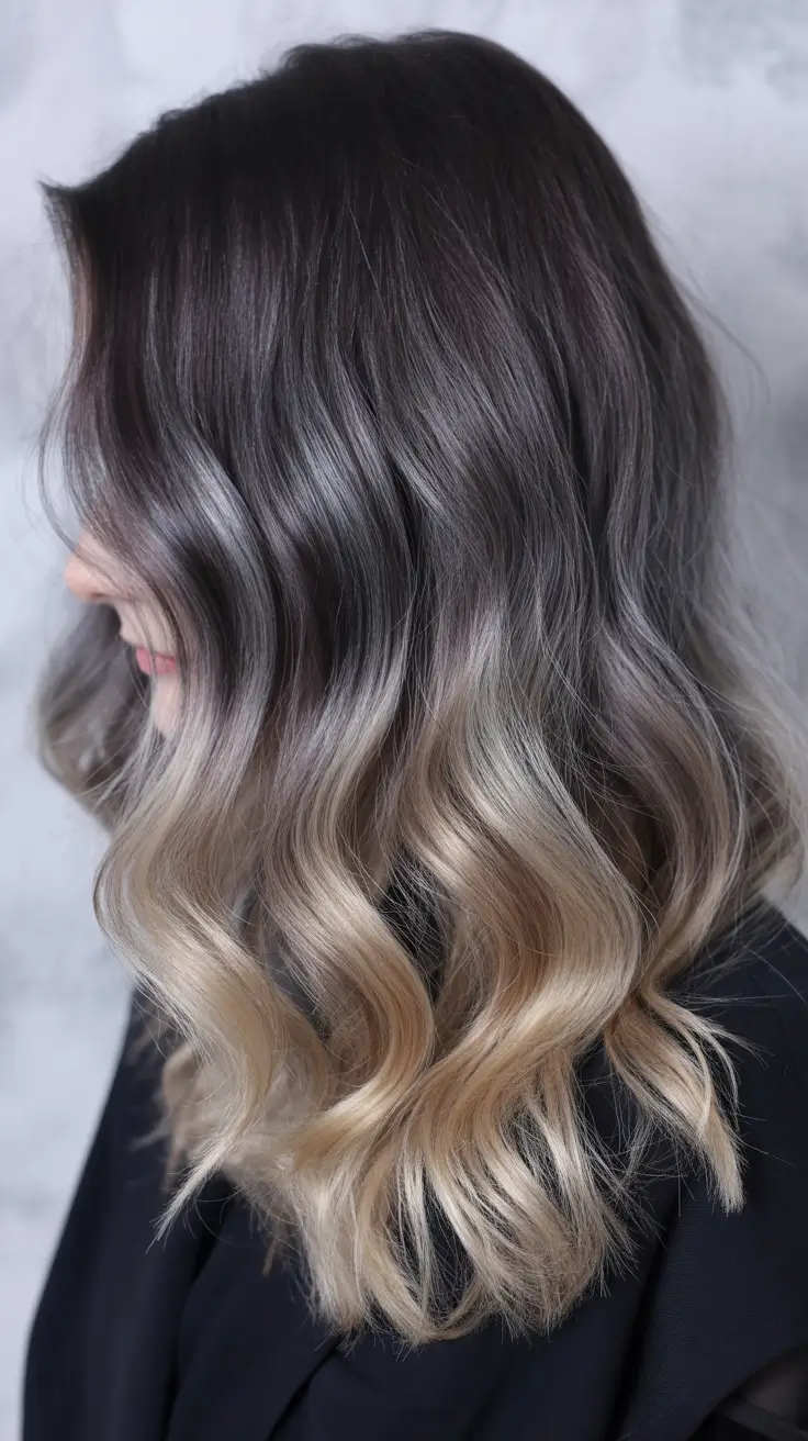 cor de cabelo longo de inverno balayage Shadow Root em Ash Blonde Ombre