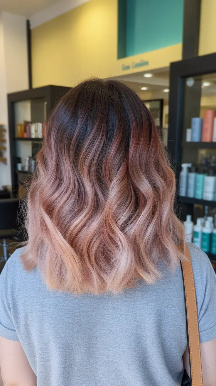 ideias de cores de cabelo loiro para destaques balayage outono inverno Rose-Gold Balayage Bob