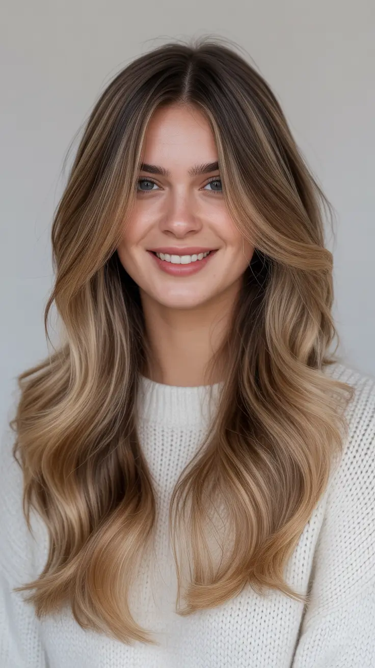 balayage de cor de cabelo longo de inverno Golden Honey Balayage com ondas longas