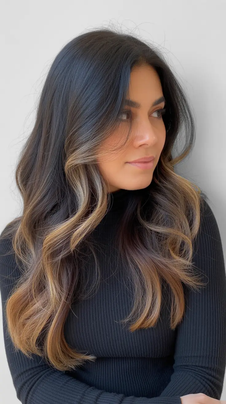 morena de inverno cor de cabelo balayage caramelo Morena escura com moldura de rosto caramelo