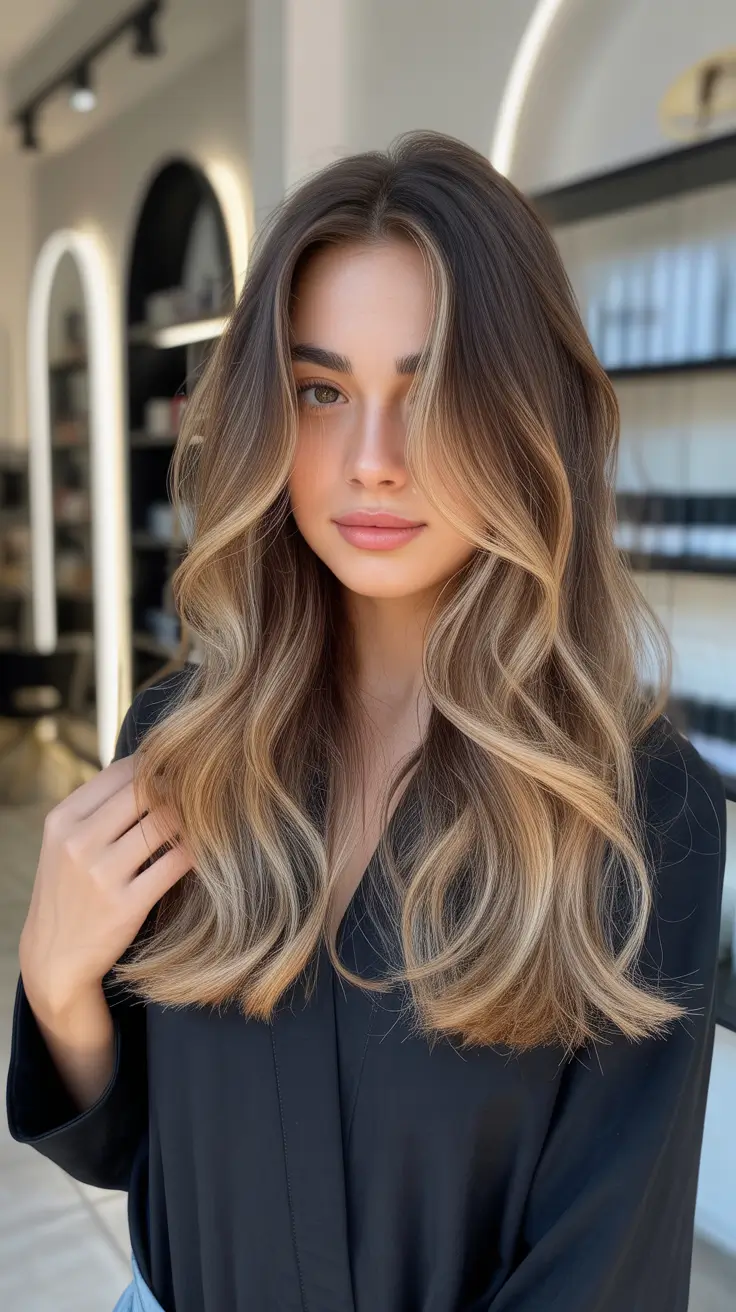 ideias de cores de cabelo loiro para morena balayage outono inverno Bronde dimensional com ondas suaves