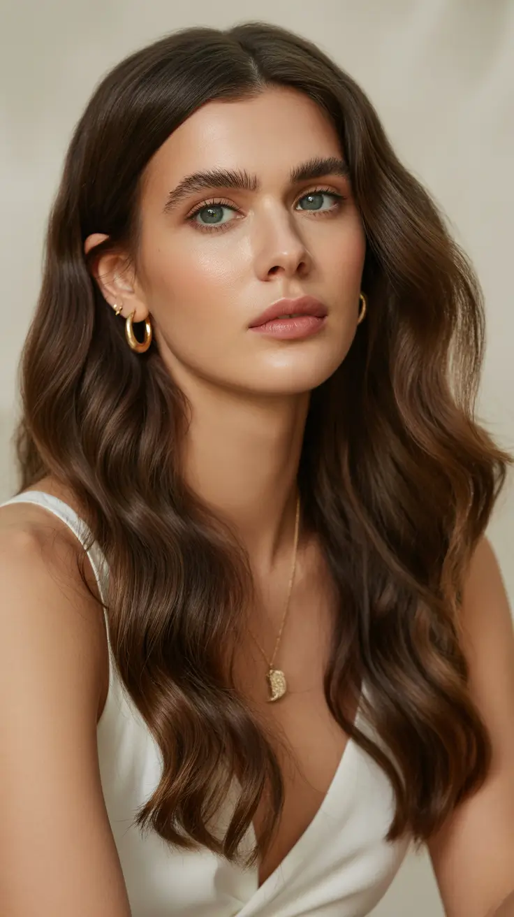 cabelo escuro de inverno, ondas castanho chocolate