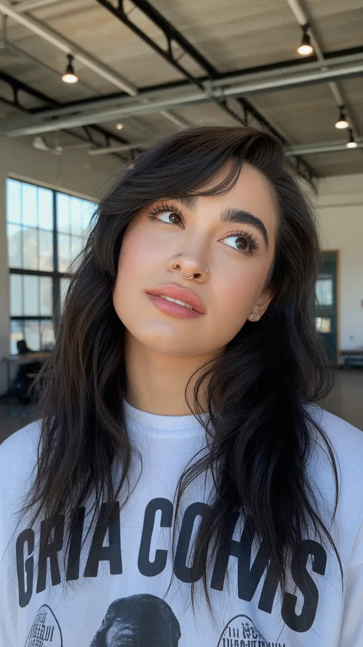 cor de cabelo escuro de inverno morena camadas franja