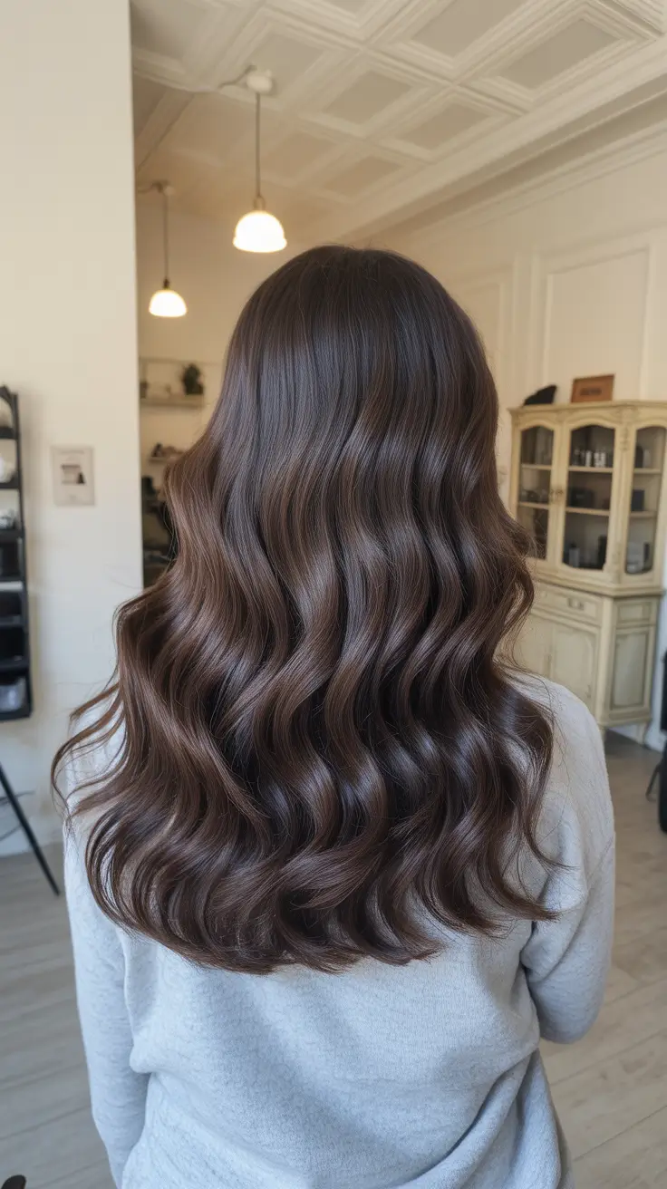 cabelo escuro de inverno, ondas castanho chocolate