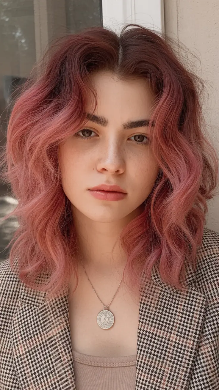 corte de cabelo de comprimento médio cor de inverno Dusty Rose Volume Cut