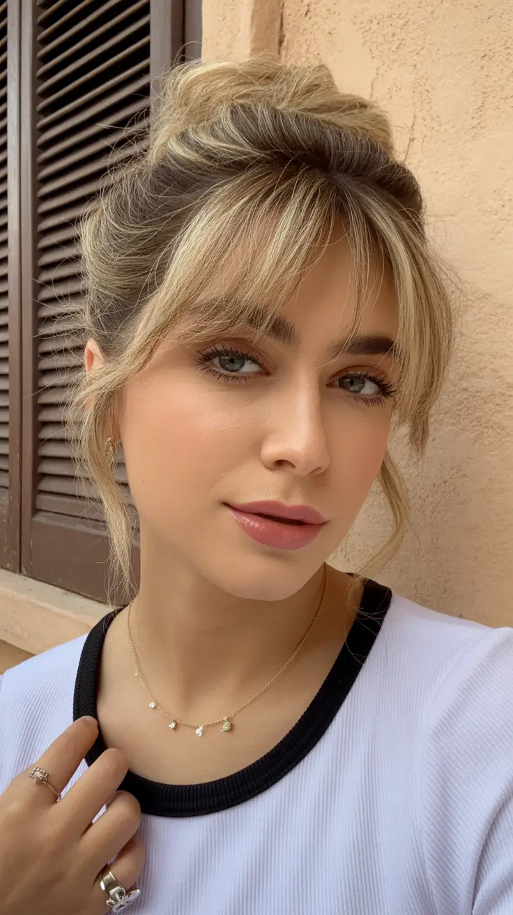 corte de cabelo de comprimento médio cor de inverno Chic Bun com franja cortina