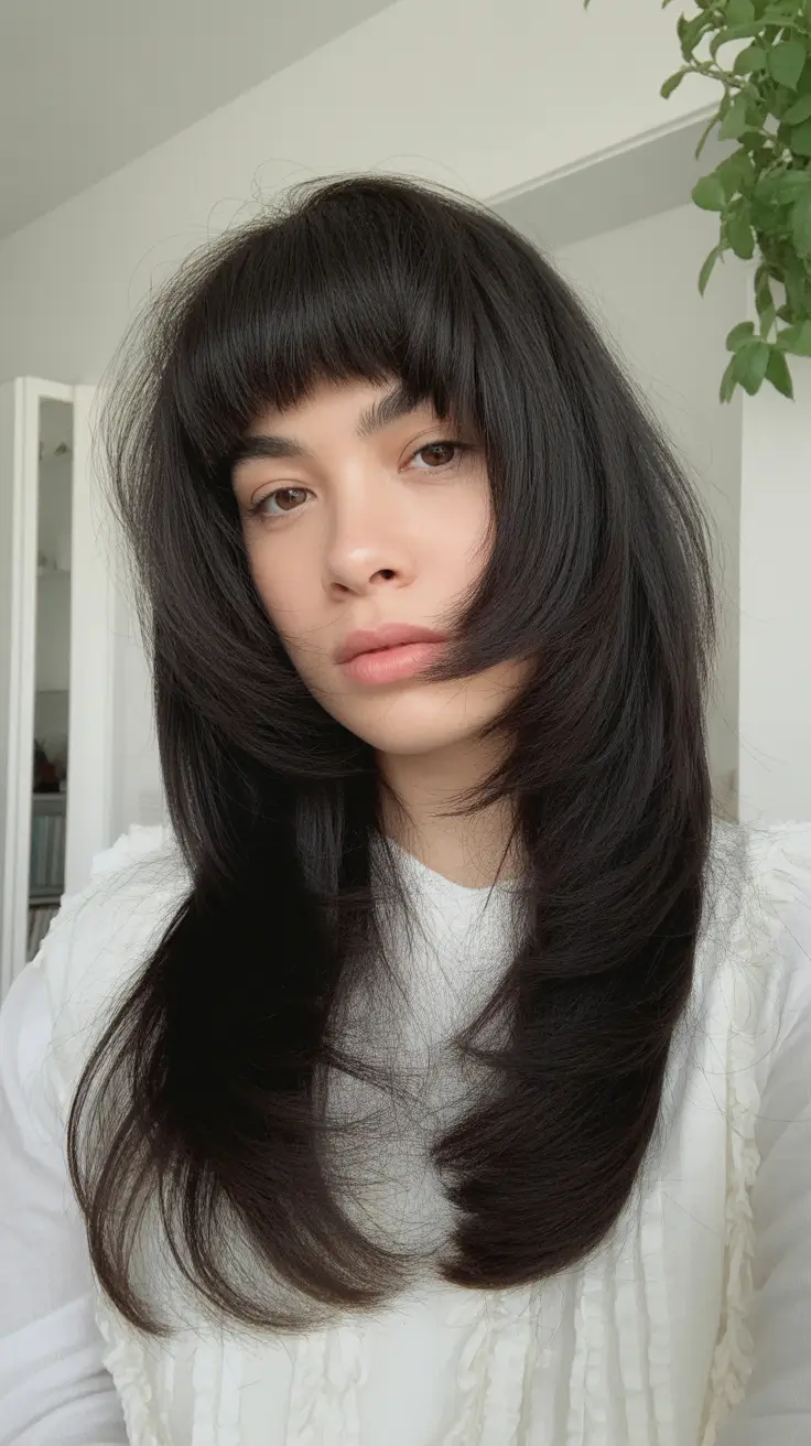 Corte de cabelo de inverno e cores brilhantes Camadas com franja romba