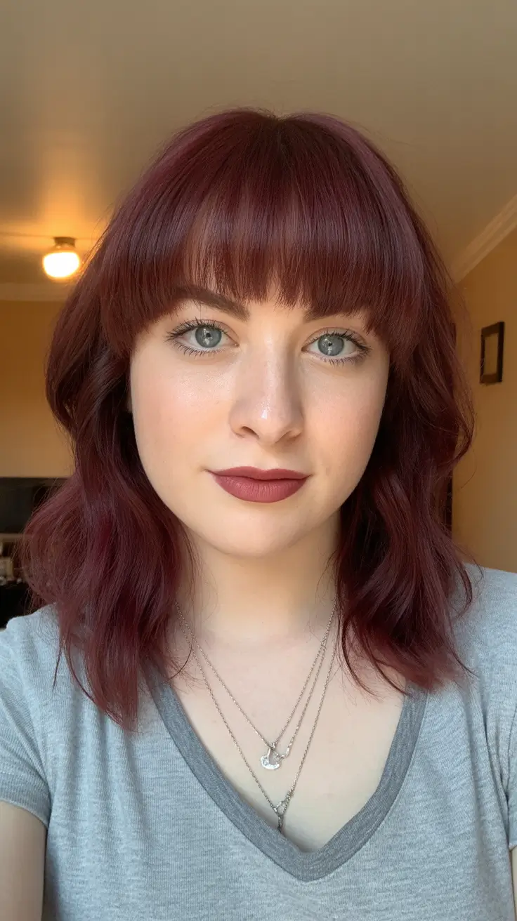 corte de cabelo de comprimento médio cor de inverno Velvet Red Bob com franja