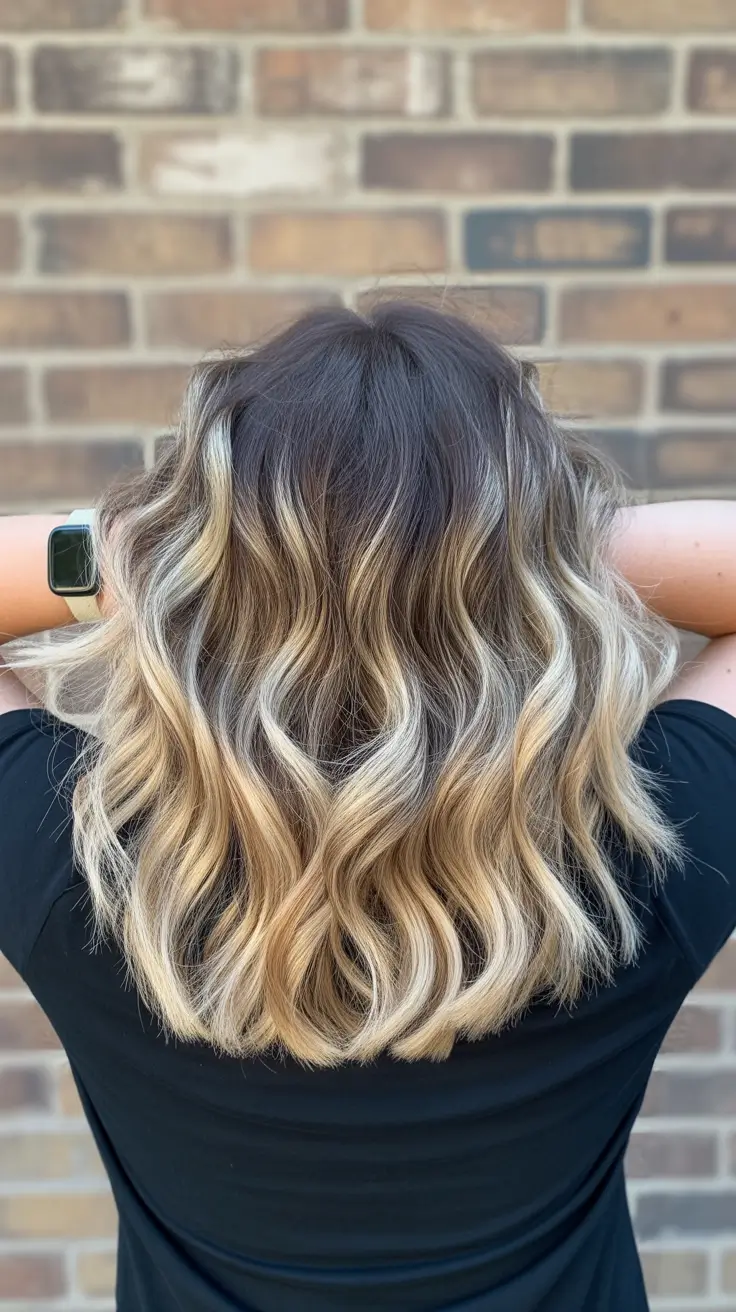 Idéias para cores de cabelo Balayage 2026 Cool Blonde Balayage em ondas médias