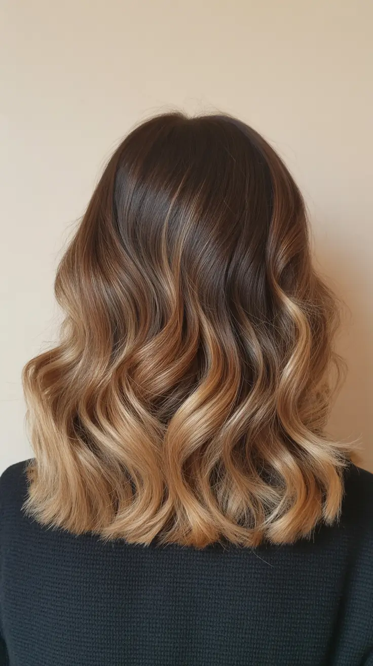 Idéias para cores de cabelo Balayage 2026 Castanho Dourado Ondas Suaves Ombre