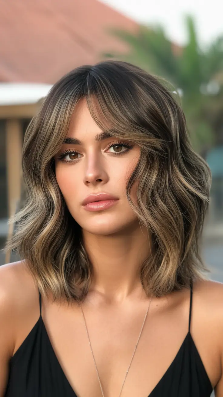 Idéias para cores de cabelo Balayage 2026 Cool Brunette Bob com camadas suaves
