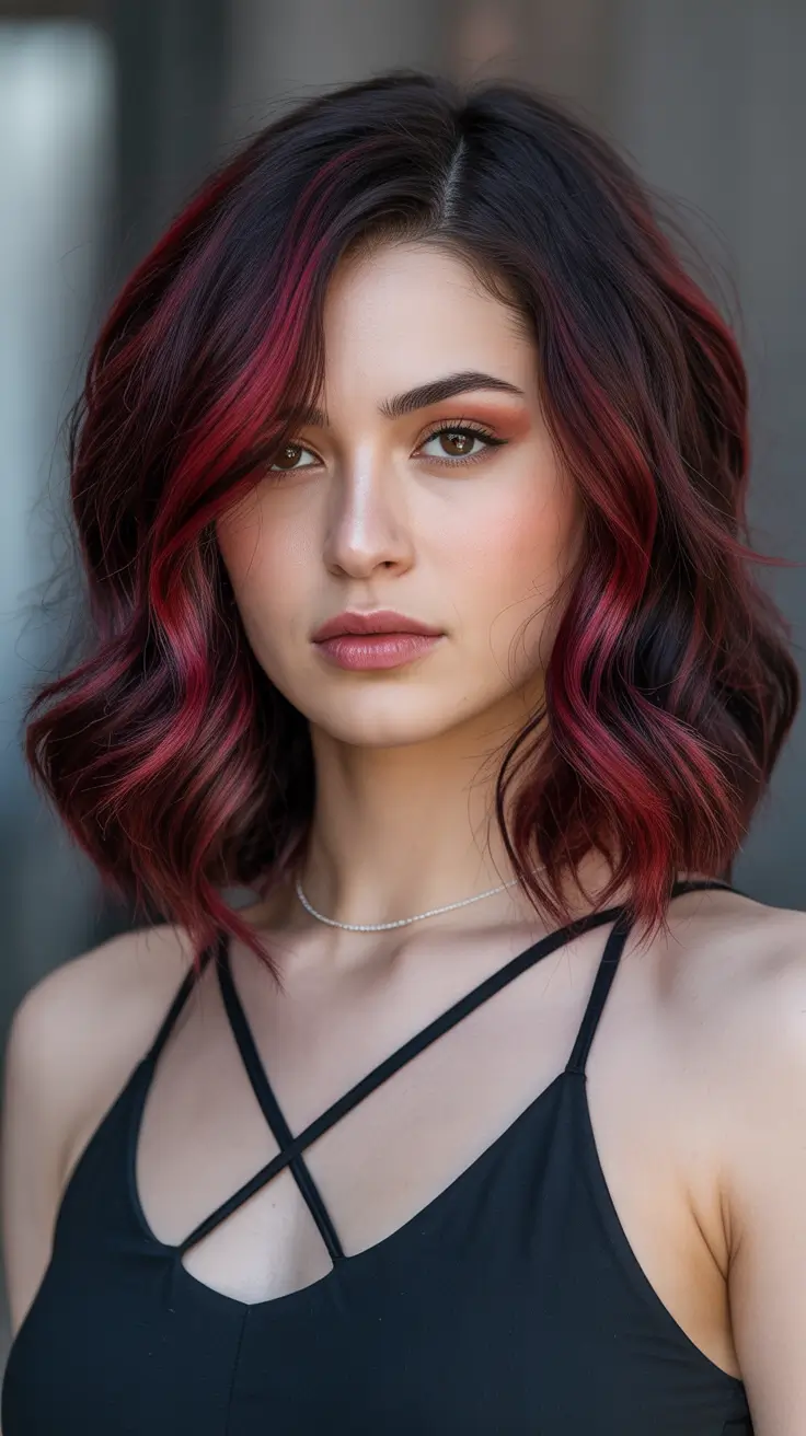 Idéias para cores de cabelo Balayage 2026 Vinho tinto Balayage para morenas