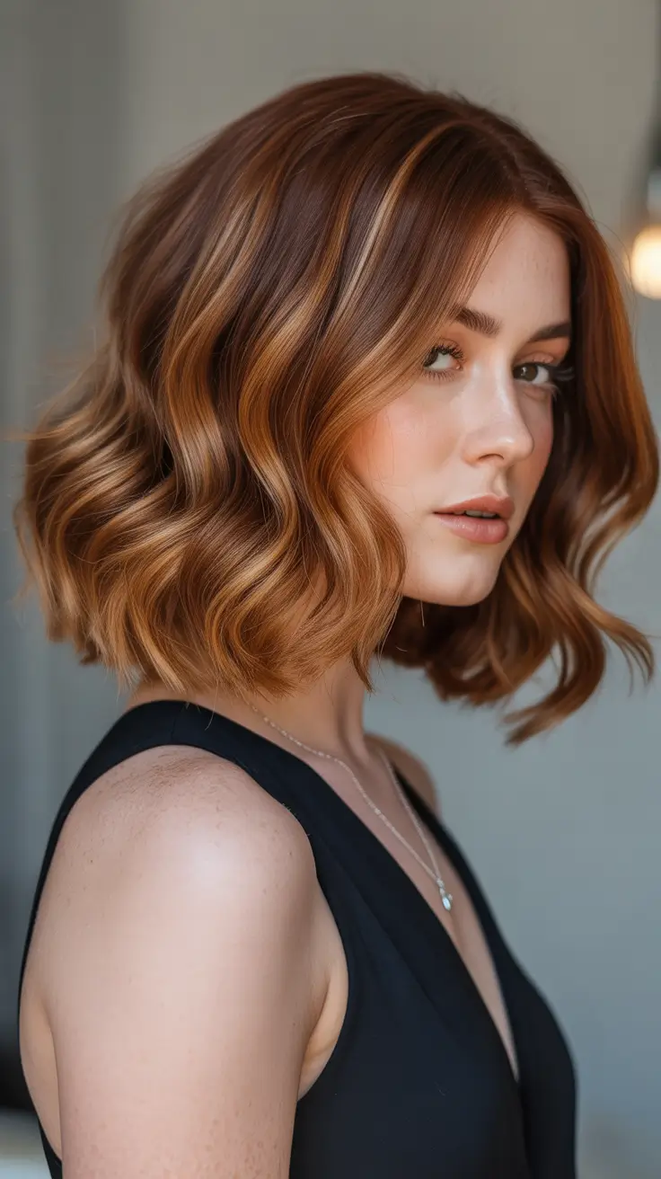 Balayage Hair Color Ideas 2026 Cobre Ouro Brilho com Ondas Suaves