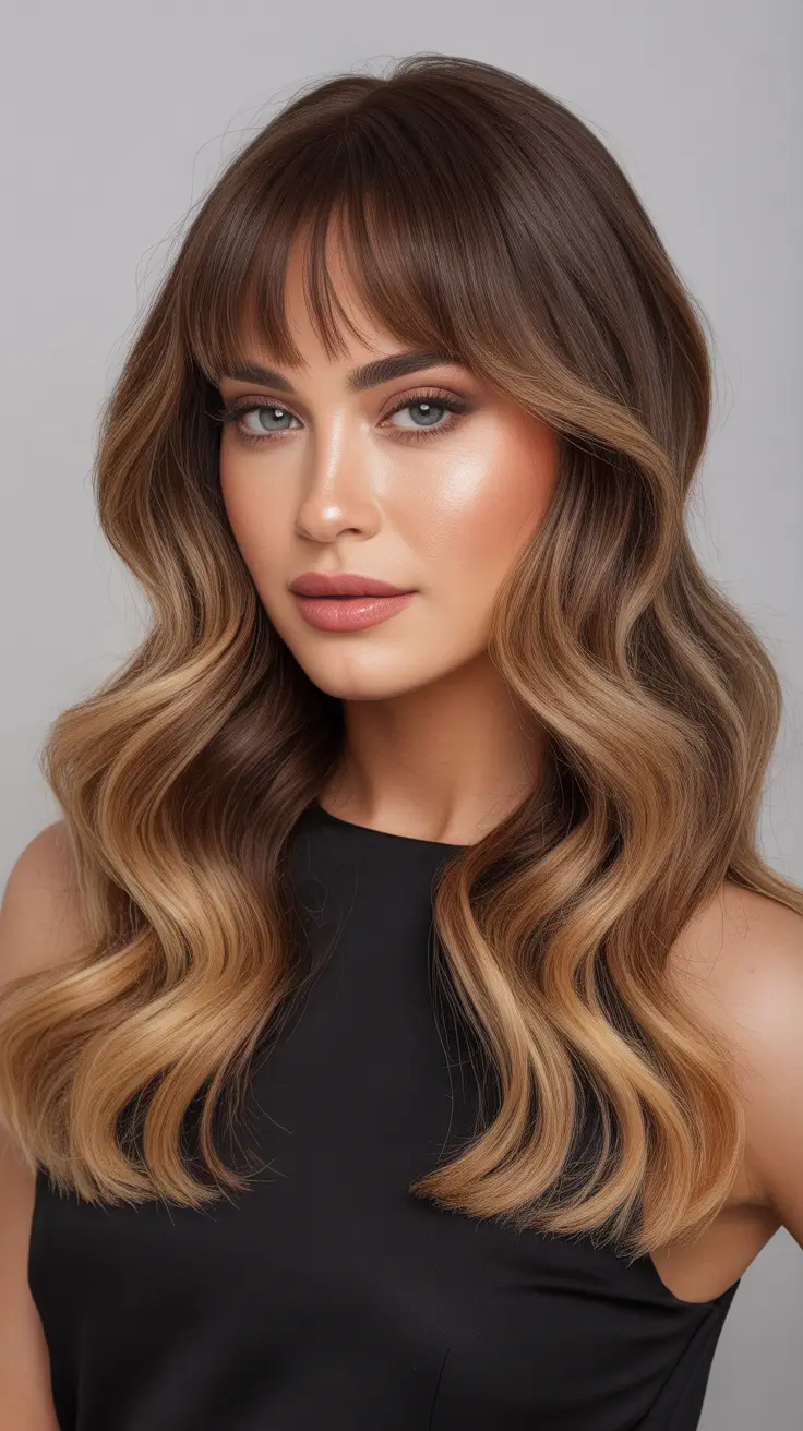 Idéias para cores de cabelo Balayage 2026 Ondas loiras caramelo com franjas suaves