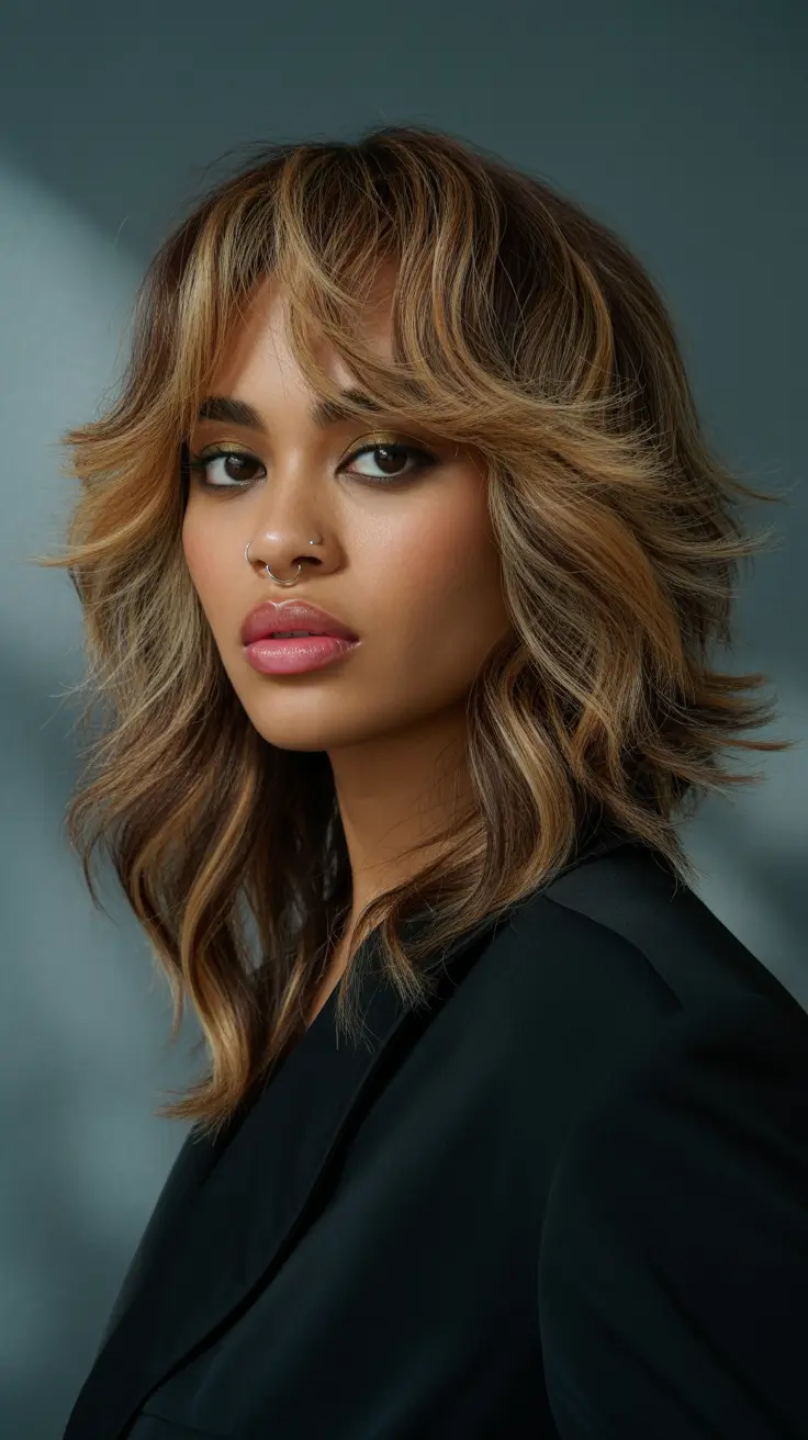 Melhor cor de cabelo para pele morena 2026 Soft Honey Layers com franja